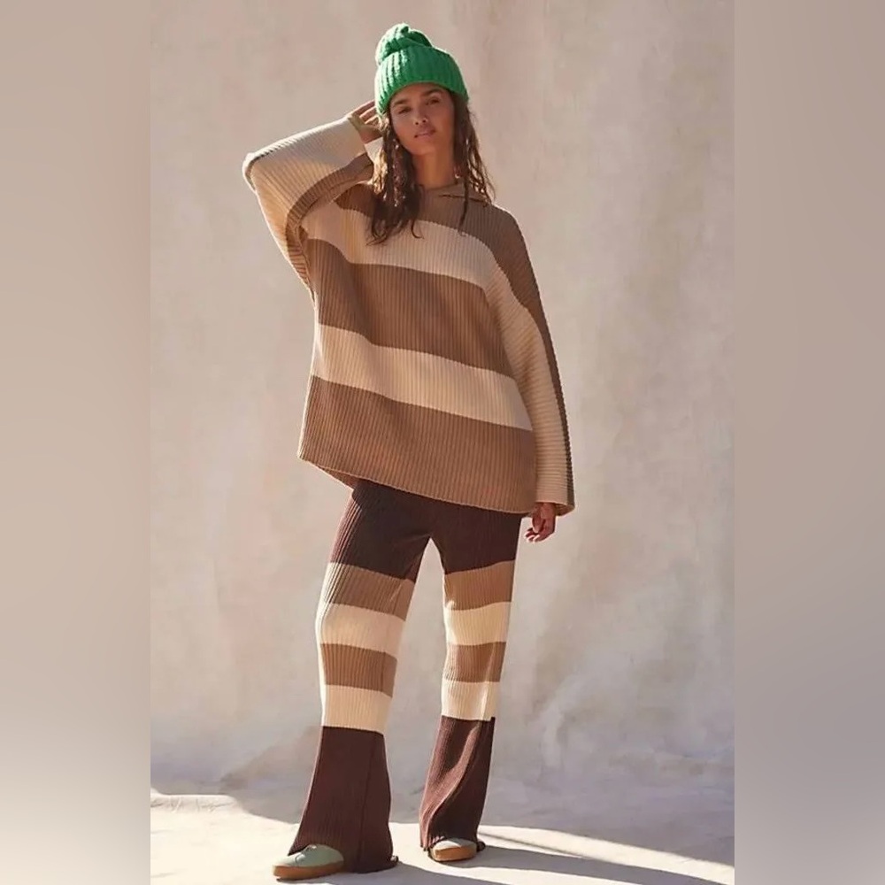 Free People Beach Striped Sweater Ribbed Combo Set Hoodie Neutral Sz Small *Flaw